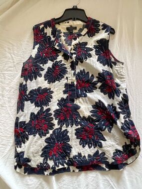 J. Crew White Sleeveless Blouse with Navy and Red Floral Appliqué